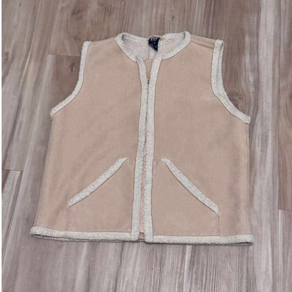 Gap Kids 12‎ Faux Suede Sherpa Lined Full Zip Vest Tan Beige Shearling Style t2